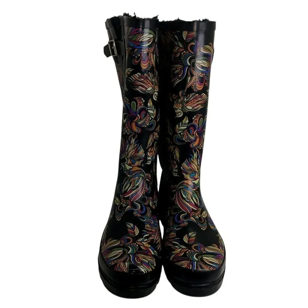 Designer Sakroots Womens Black Rain Boots with Colorful Birds Designs - Size 8